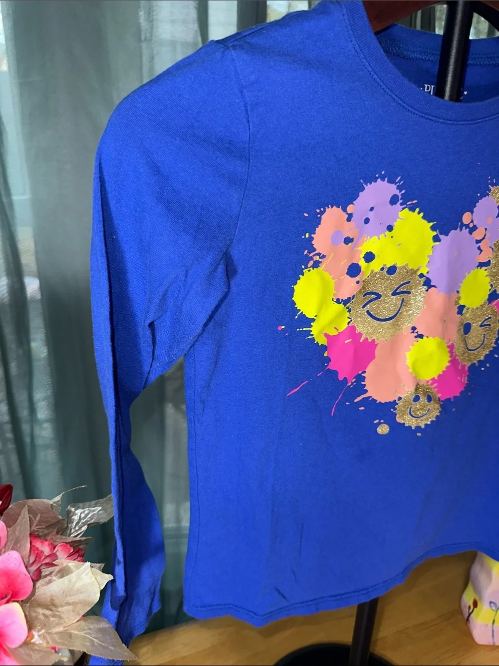 Girls' Blue Long-Sleeve Smile Heart Graphic Tee